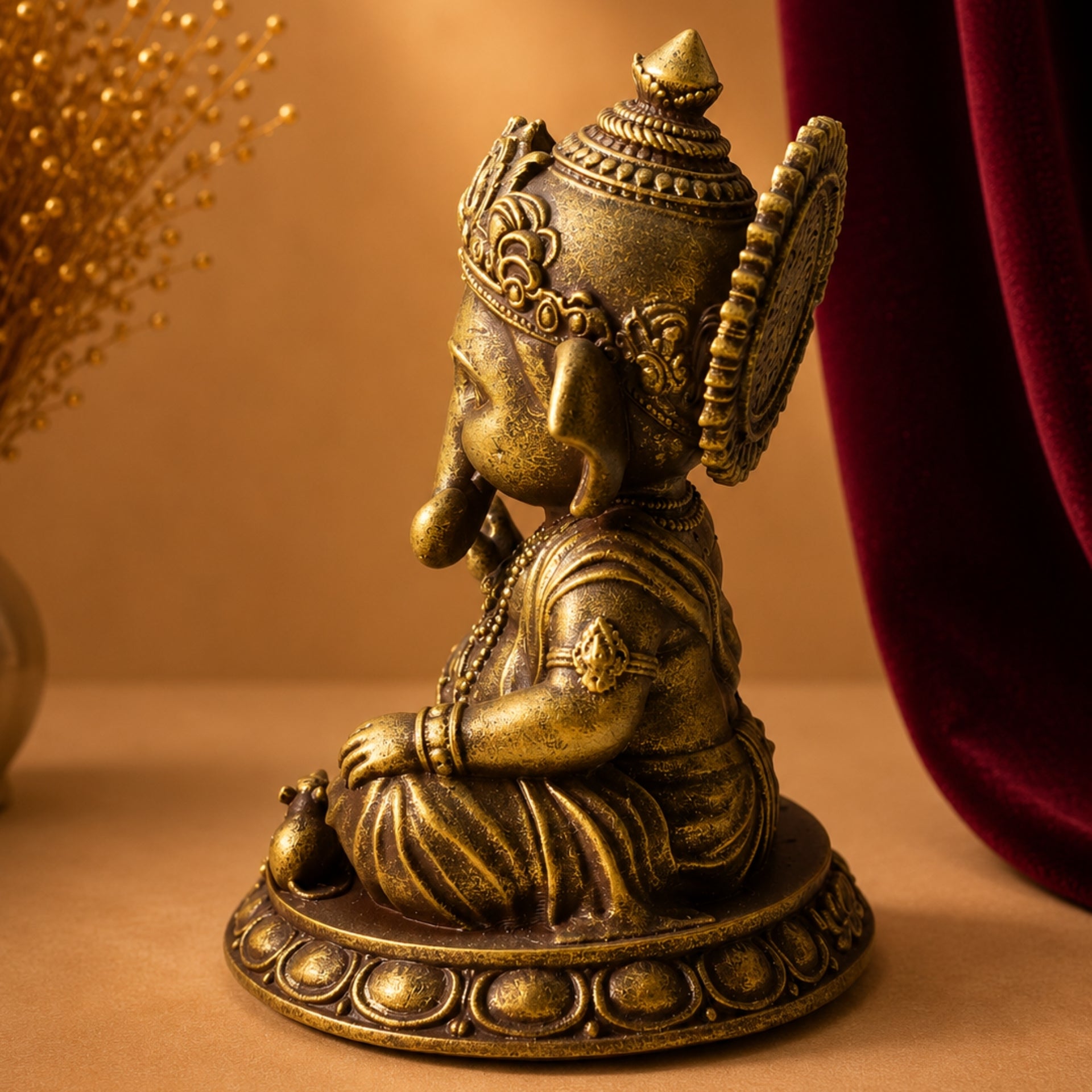 AayamVerse Sumukha Ganesh Idol – Antique Gold Finish | 4 Inch UV Resin Lord Ganesha Murti for Car Dashboard, Home Temple, Office Decor & Gifting