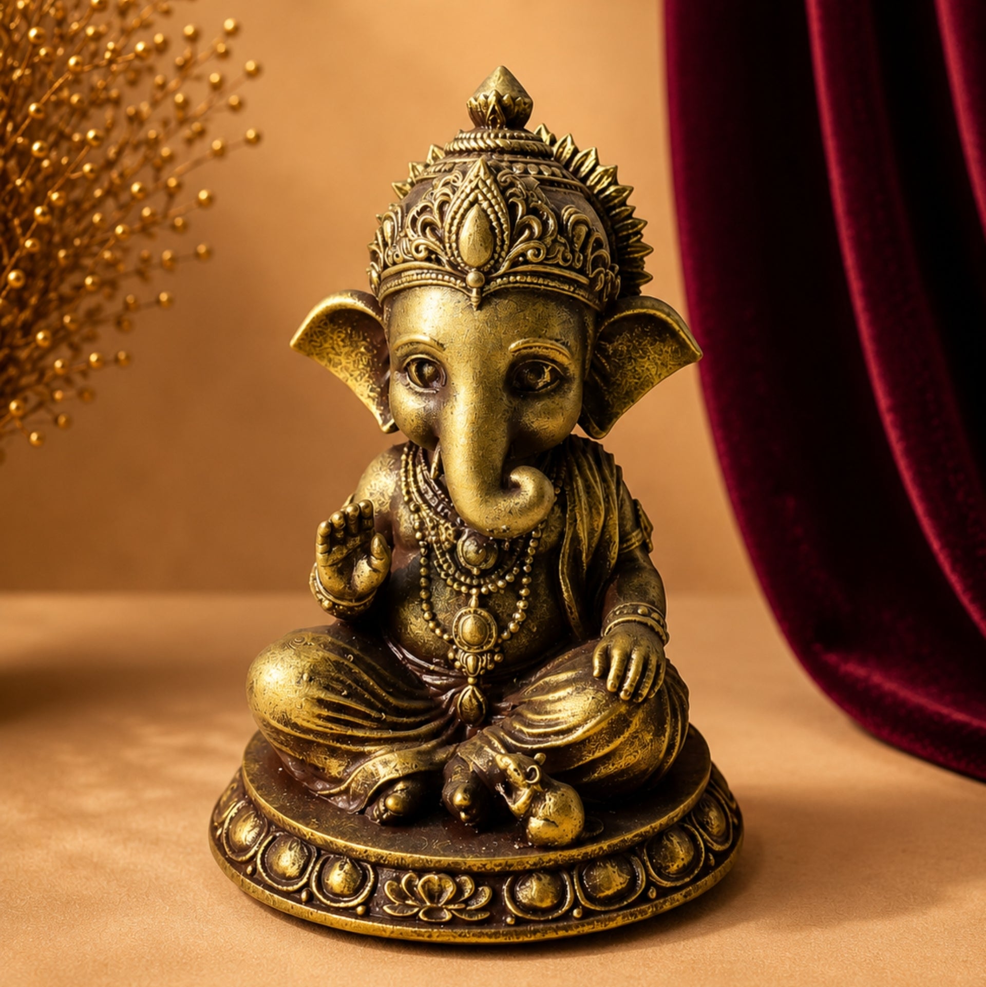 AayamVerse Sumukha Ganesh Idol – Antique Gold Finish | 4 Inch UV Resin Lord Ganesha Murti for Car Dashboard, Home Temple, Office Decor & Gifting