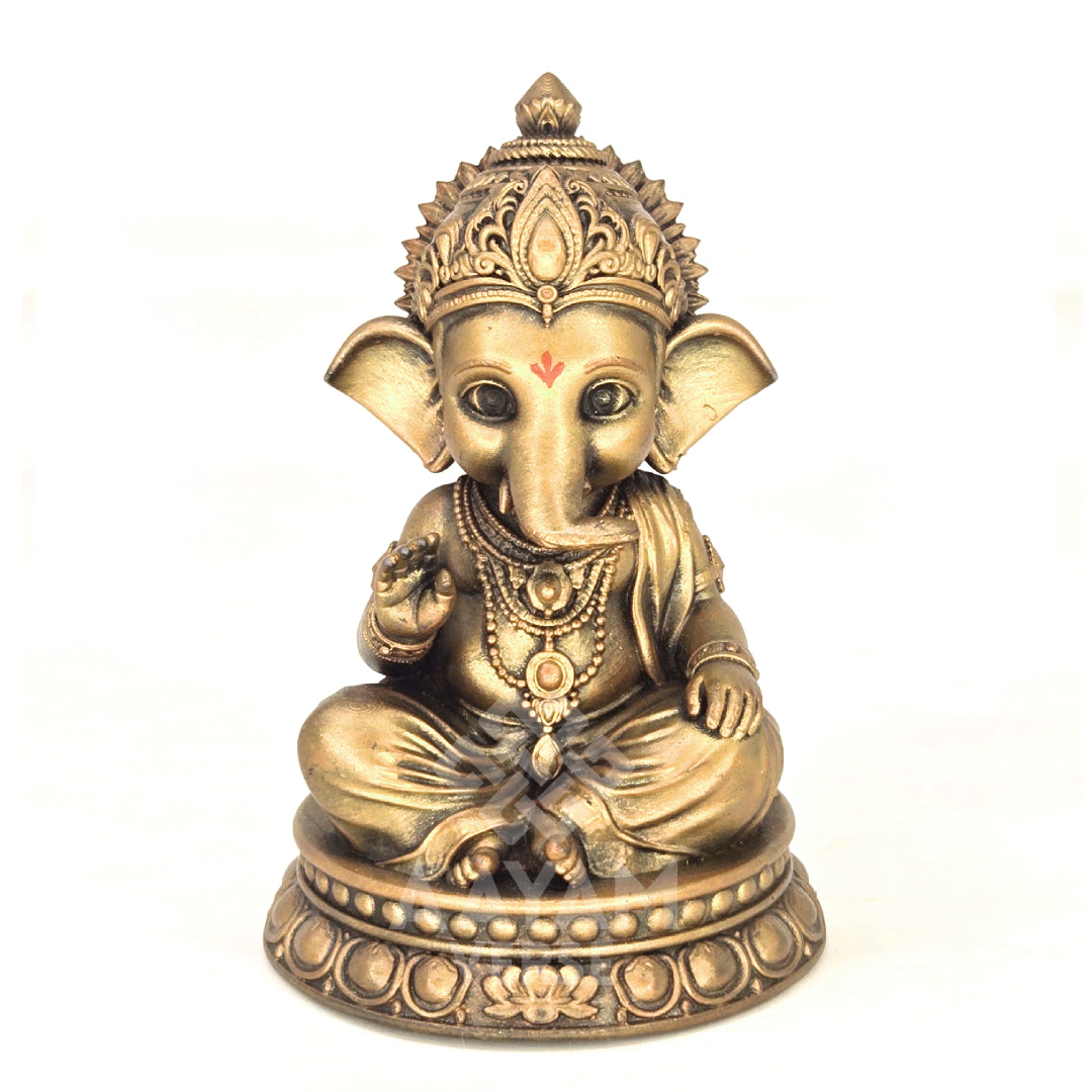 AayamVerse Sumukha Ganesh Idol – Antique Gold Finish | 4 Inch UV Resin Lord Ganesha Murti for Car Dashboard, Home Temple, Office Decor & Gifting
