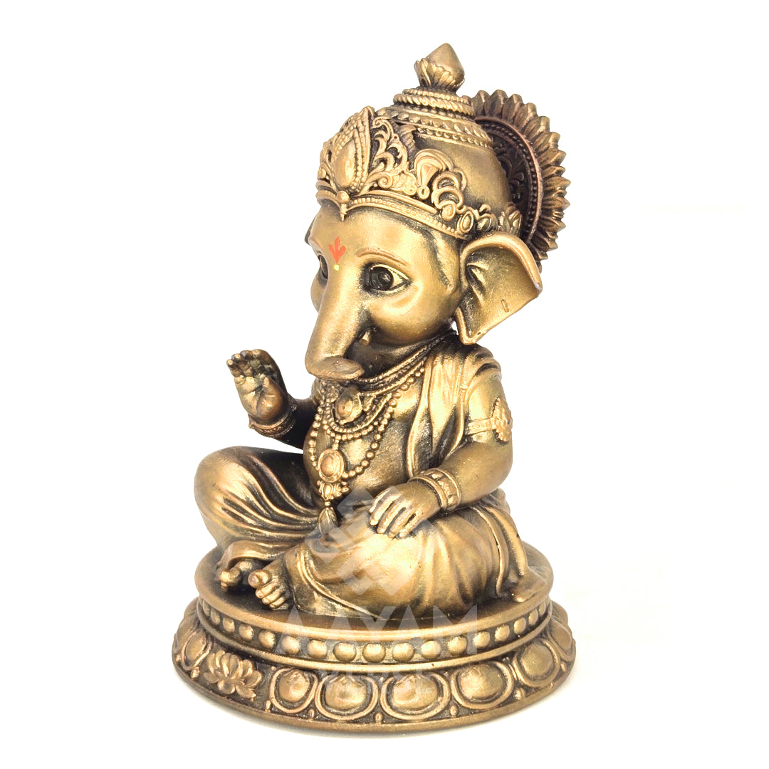 AayamVerse Sumukha Ganesh Idol – Antique Gold Finish | 4 Inch UV Resin Lord Ganesha Murti for Car Dashboard, Home Temple, Office Decor & Gifting