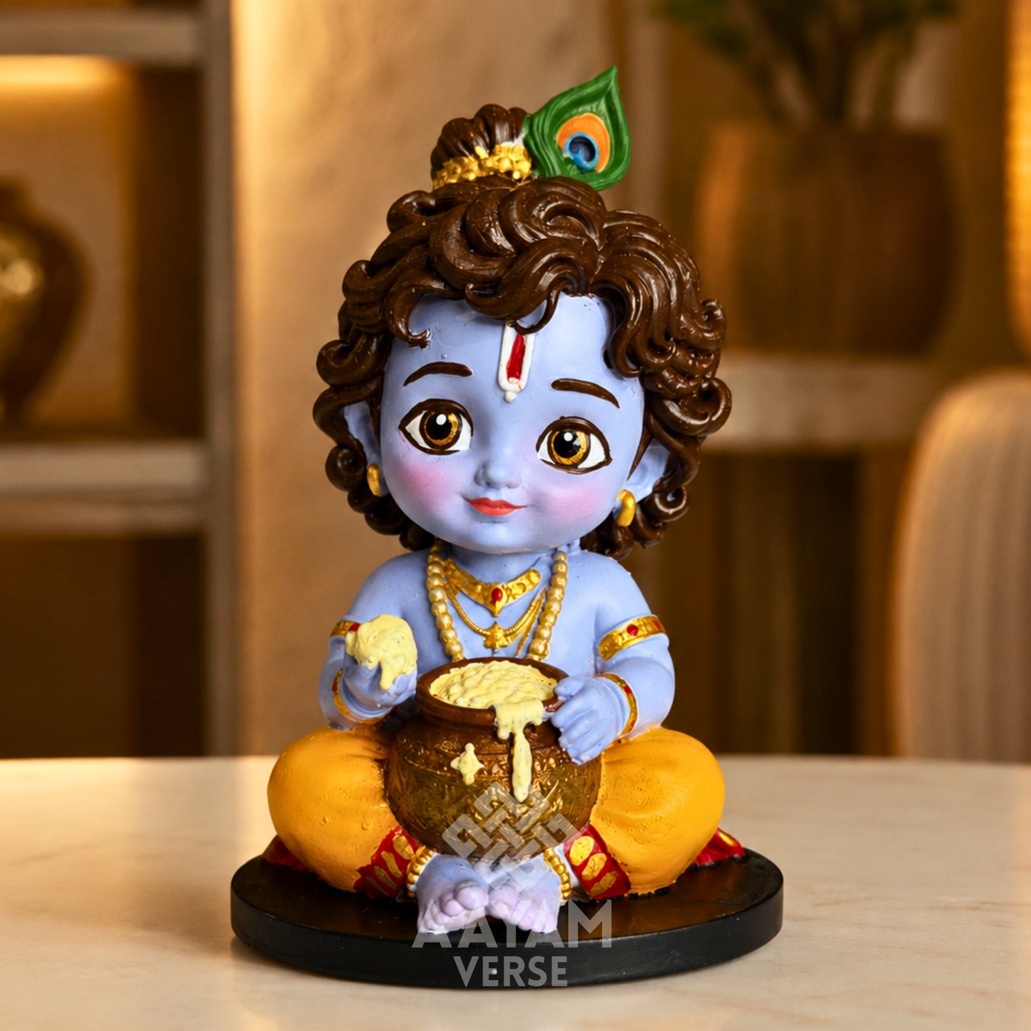 AAYAMVERSE Makhanchor Krishna Idol for Car Dashboard & Home Decor | 3.5 Inch UV Resin Hand-Painted Murti | Bal Krishna Makhan Chor Statue | Premium Collectible Hindu God Idol | Temple, Office & Gift