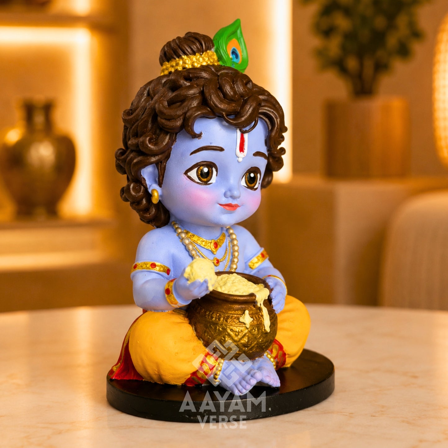 AAYAMVERSE Makhanchor Krishna Idol for Car Dashboard & Home Decor | 3.5 Inch UV Resin Hand-Painted Murti | Bal Krishna Makhan Chor Statue | Premium Collectible Hindu God Idol | Temple, Office & Gift