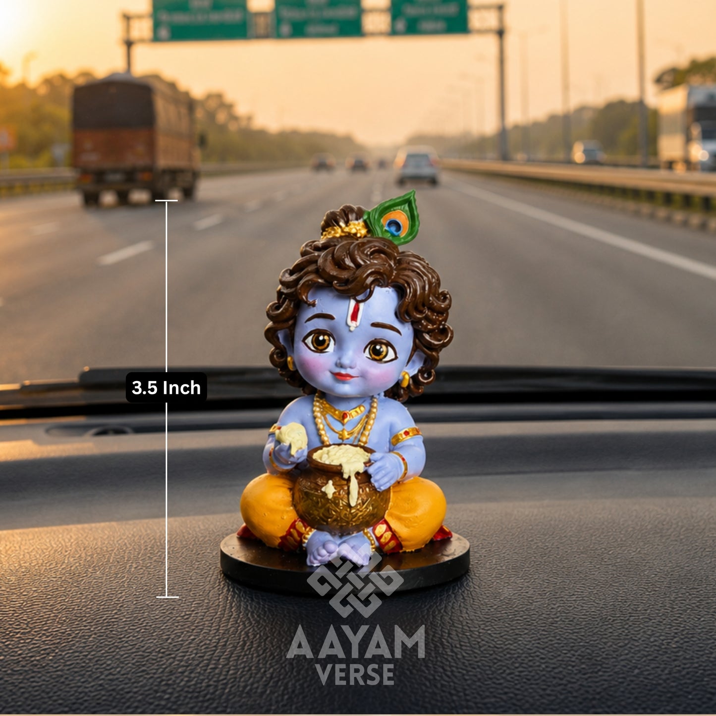 AAYAMVERSE Makhanchor Krishna Idol for Car Dashboard & Home Decor | 3.5 Inch UV Resin Hand-Painted Murti | Bal Krishna Makhan Chor Statue | Premium Collectible Hindu God Idol | Temple, Office & Gift