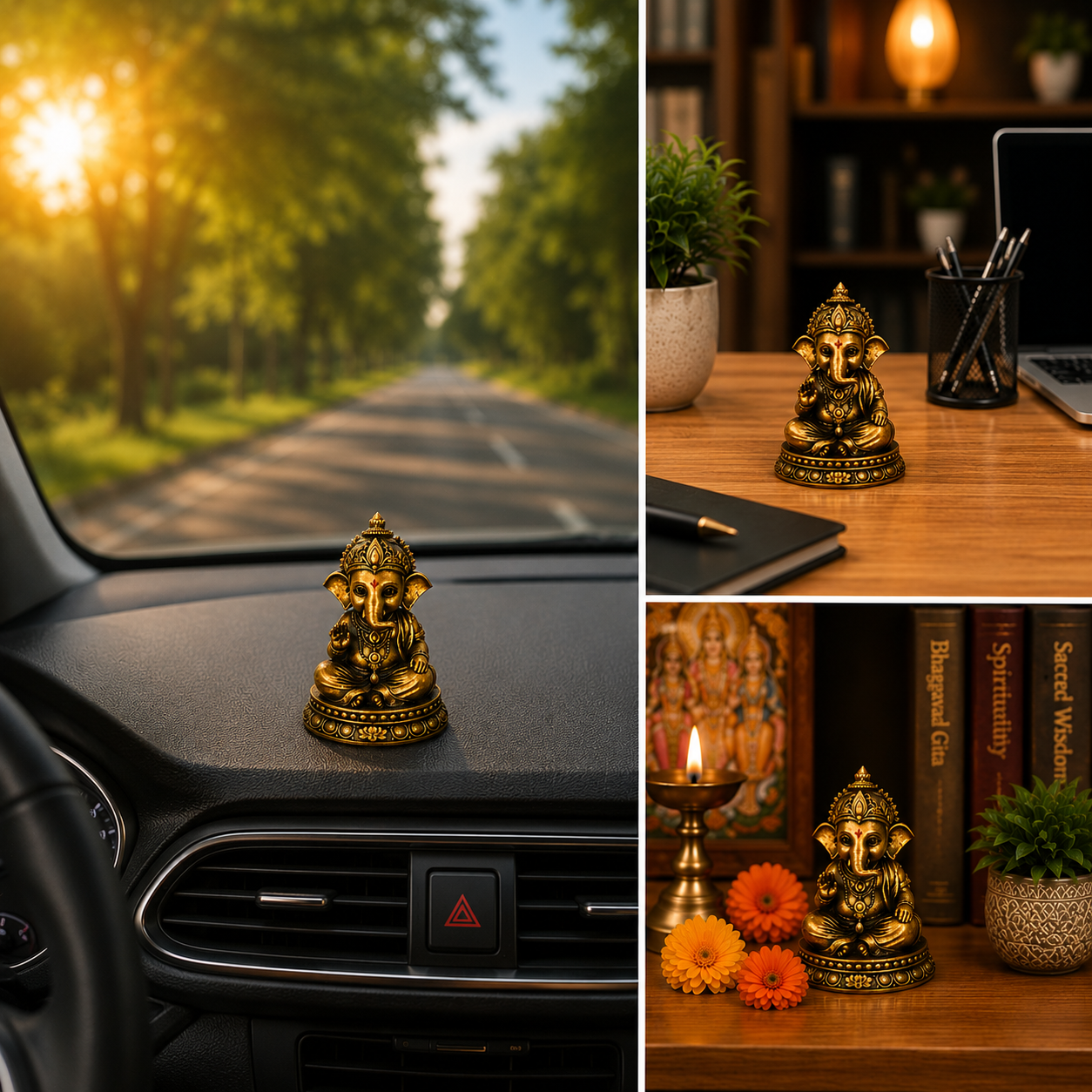 AayamVerse Sumukha Ganesh Idol – Antique Gold Finish | 4 Inch UV Resin Lord Ganesha Murti for Car Dashboard, Home Temple, Office Decor & Gifting