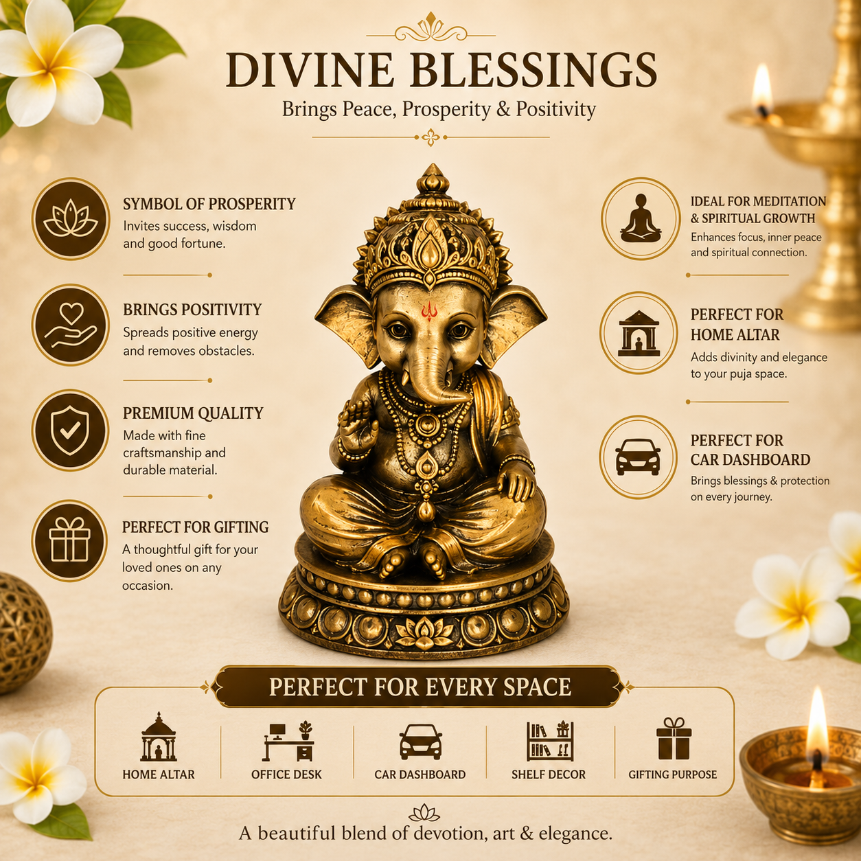 AayamVerse Sumukha Ganesh Idol – Antique Gold Finish | 4 Inch UV Resin Lord Ganesha Murti for Car Dashboard, Home Temple, Office Decor & Gifting