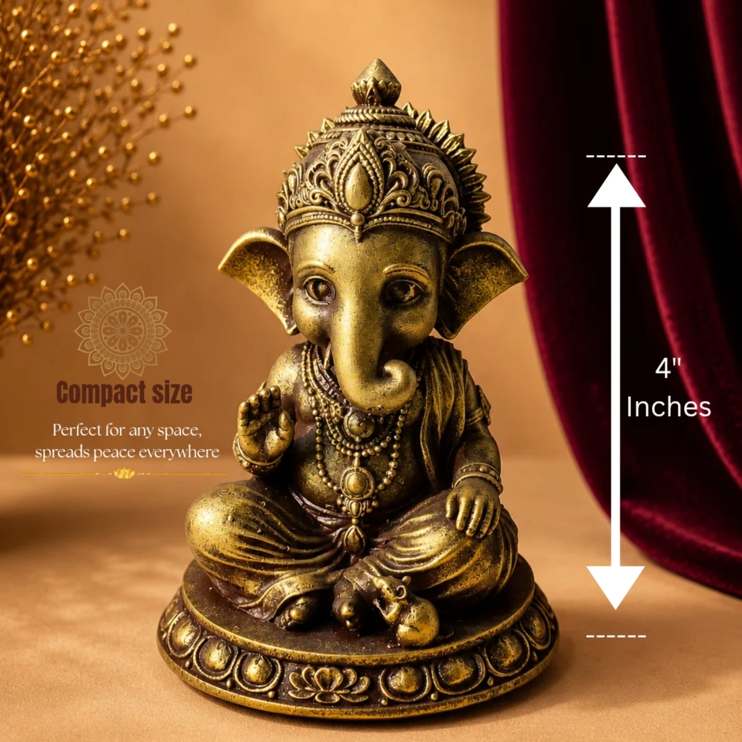 AayamVerse Sumukha Ganesh Idol – Antique Gold Finish | 4 Inch UV Resin Lord Ganesha Murti for Car Dashboard, Home Temple, Office Decor & Gifting